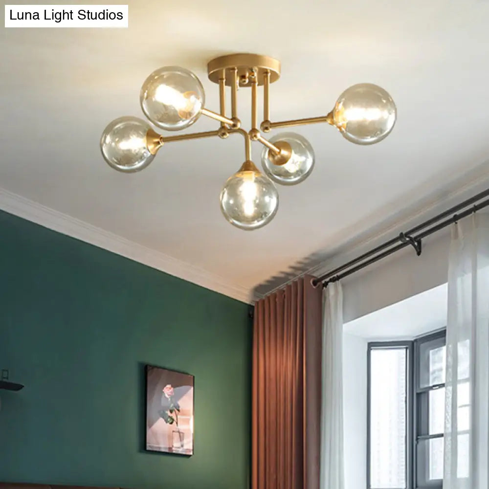 Modern Semi Flush 5-Light Gold/Black Sphere Ceiling Lamp With Clear Glass Shade