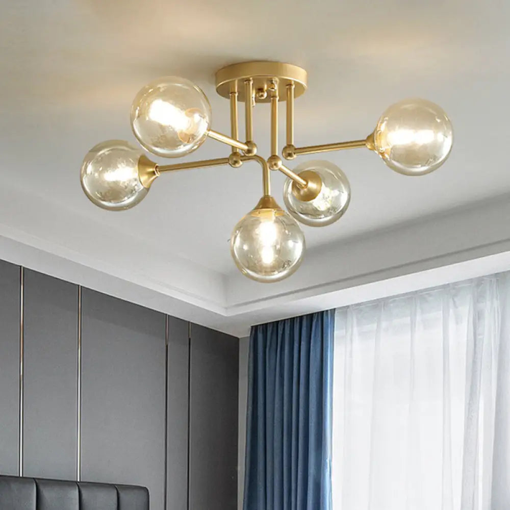 Contemporary 5 - Light Semi Flush Gold/Black Sphere Ceiling Lamp With Clear Glass Shade Gold