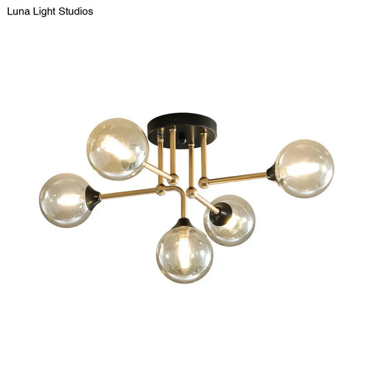 Modern Semi Flush 5-Light Gold/Black Sphere Ceiling Lamp With Clear Glass Shade