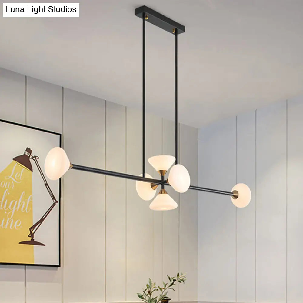 Contemporary 6/10-Head Led Island Pendant Light With White Glass Shades - Black Linear Ceiling