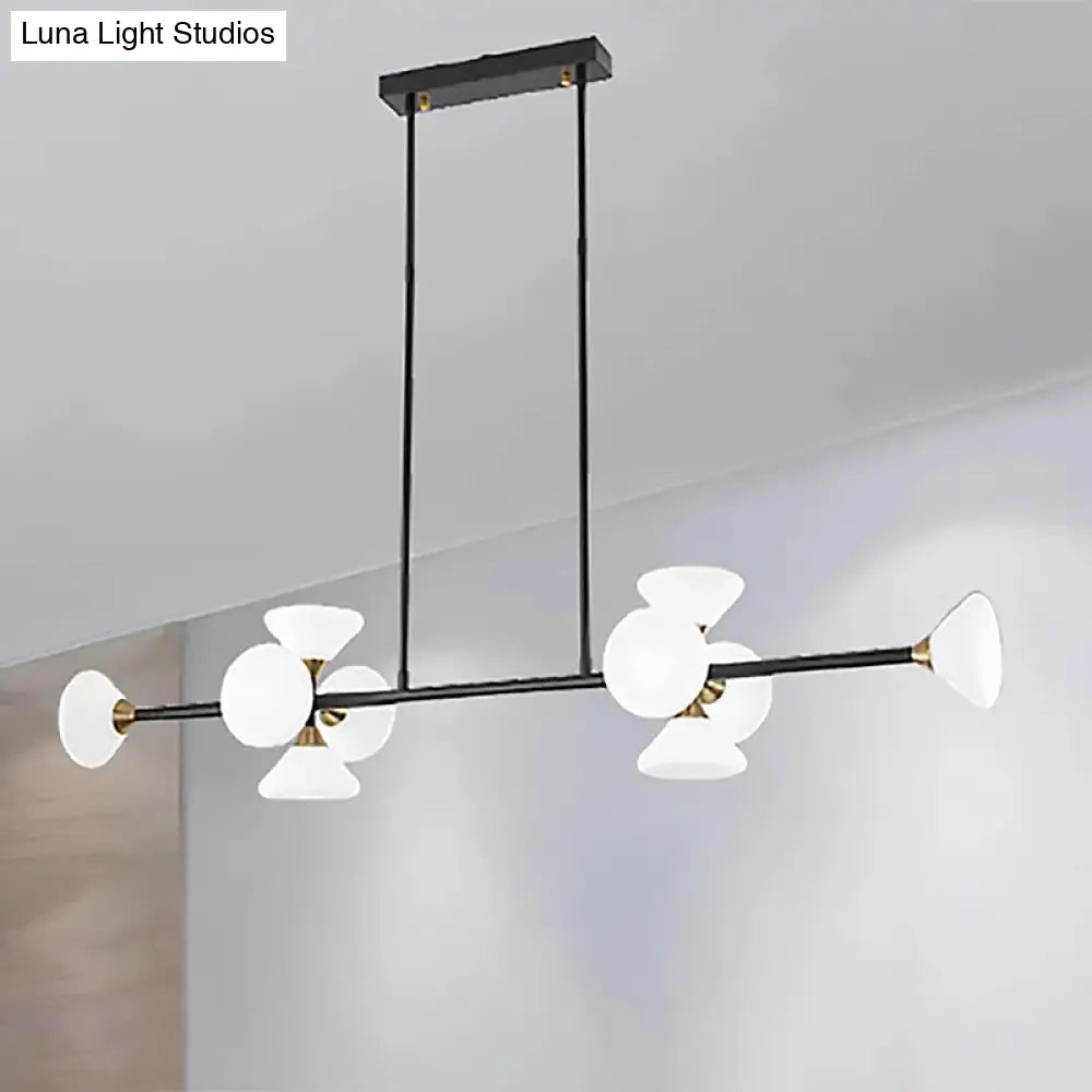 Contemporary 6/10-Head Led Island Pendant Light With White Glass Shades - Black Linear Ceiling