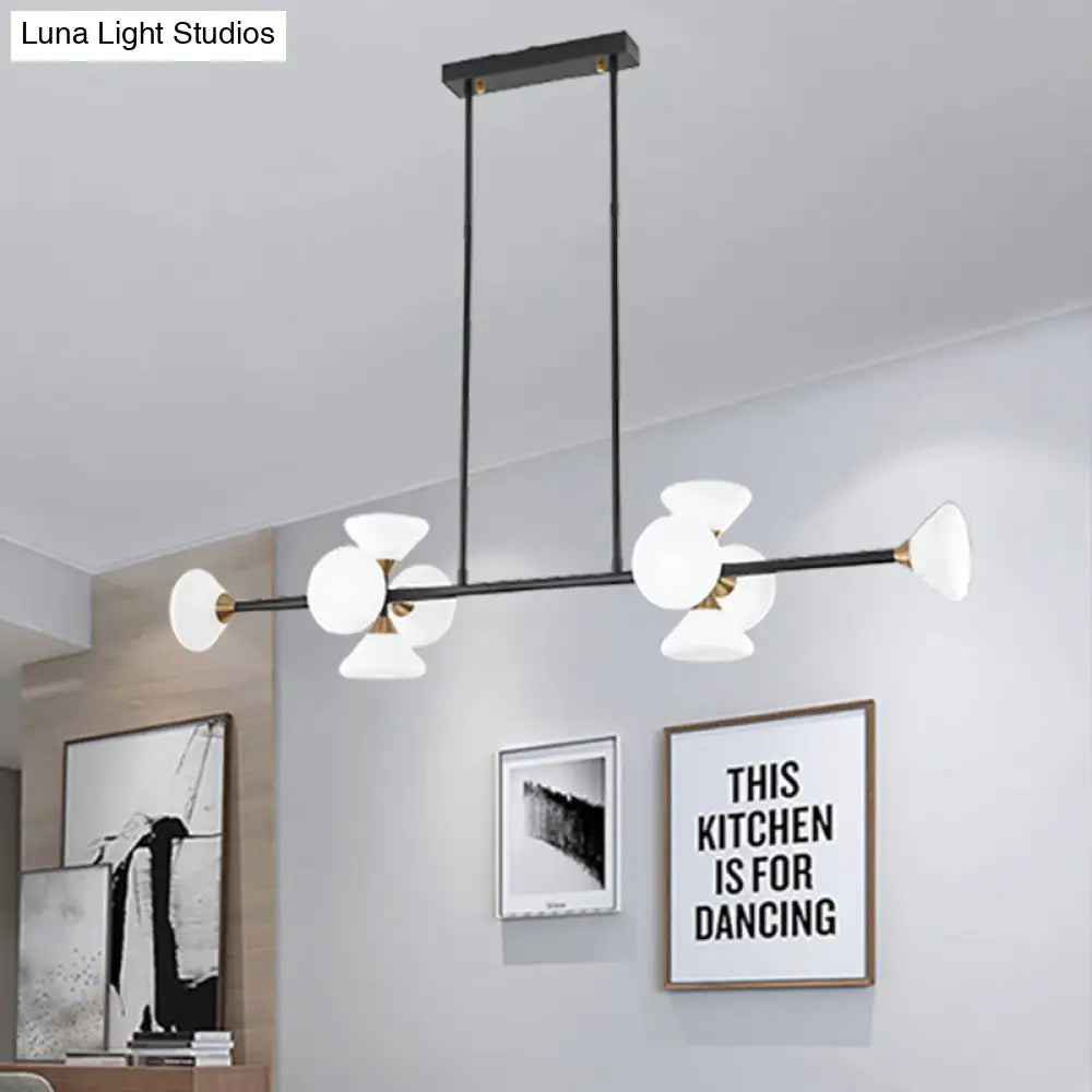 Contemporary 6/10-Head Led Island Pendant Light With White Glass Shades - Black Linear Ceiling