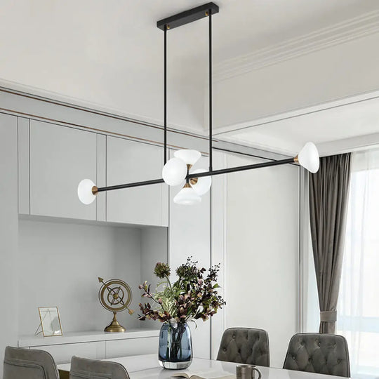 Contemporary 6/10-Head Led Island Pendant Light With White Glass Shades - Black Linear Ceiling