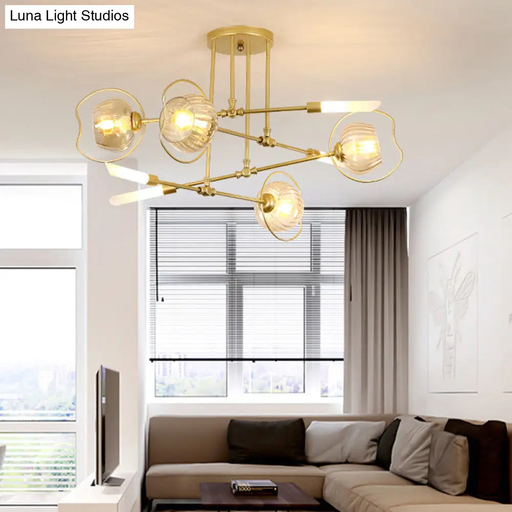 Contemporary 6/8-Head Chandelier With Gold Bowl Ceiling Suspension And Amber Glass Shade