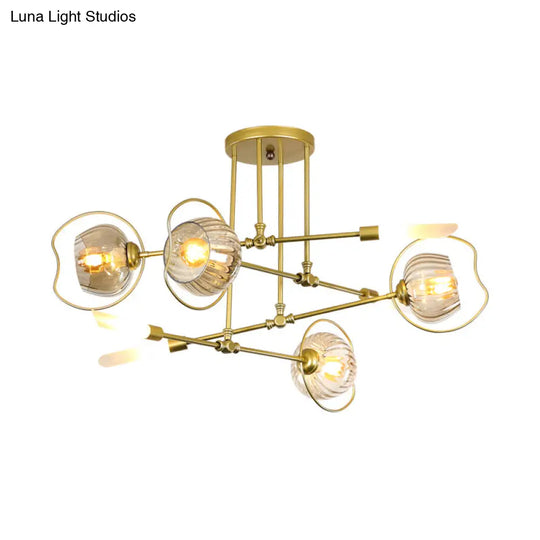 Contemporary 6/8-Head Chandelier With Gold Bowl Ceiling Suspension And Amber Glass Shade