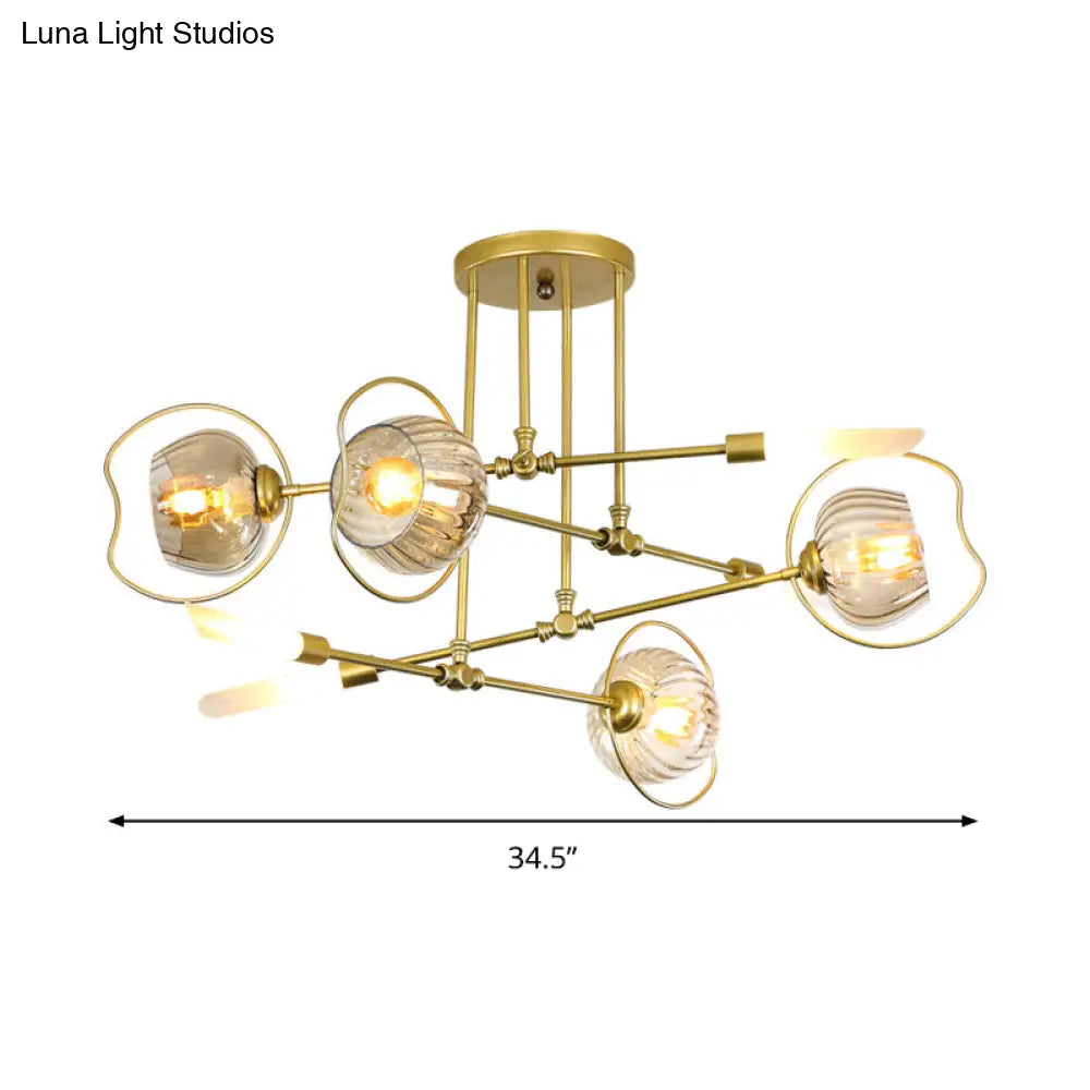 Contemporary 6/8-Head Chandelier With Gold Bowl Ceiling Suspension And Amber Glass Shade