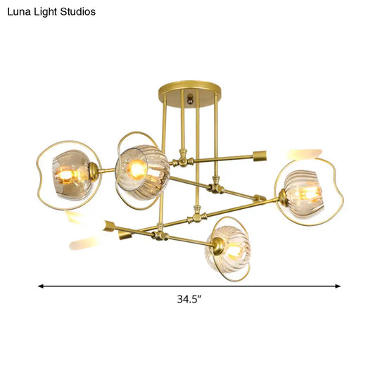 Contemporary 6/8-Head Chandelier With Gold Bowl Ceiling Suspension And Amber Glass Shade