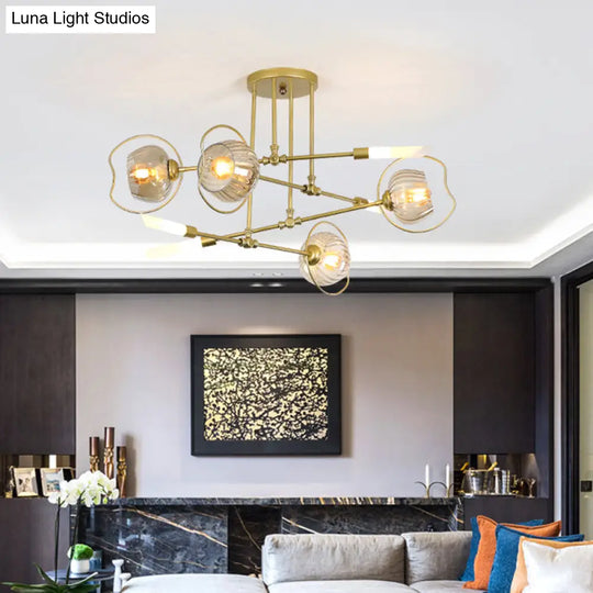 Contemporary 6/8-Head Chandelier With Gold Bowl Ceiling Suspension And Amber Glass Shade