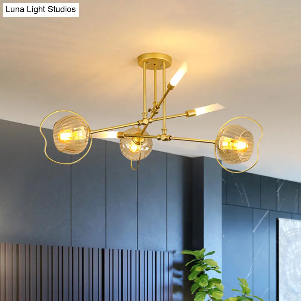 Contemporary 6/8-Head Chandelier With Gold Bowl Ceiling Suspension And Amber Glass Shade