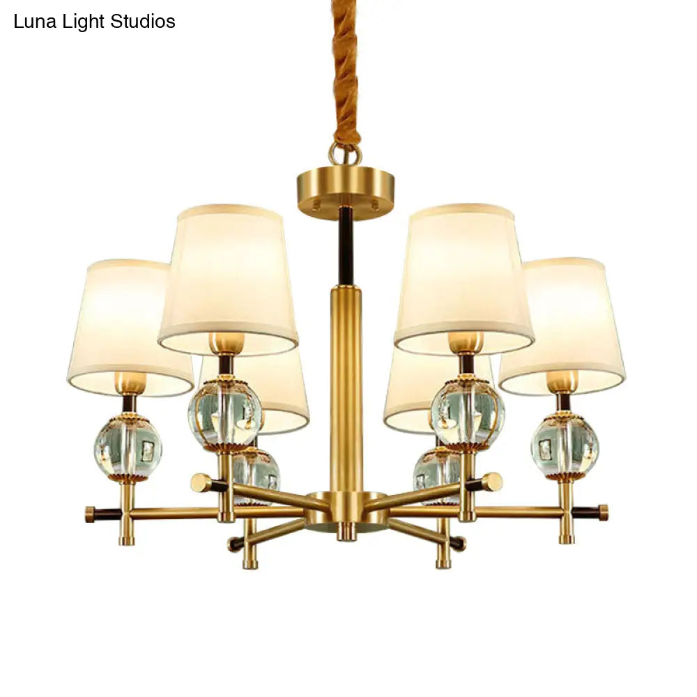 Contemporary 6-Head Conic Chandelier In Brass With Crystal Accents - Bedroom Pendant Lamp