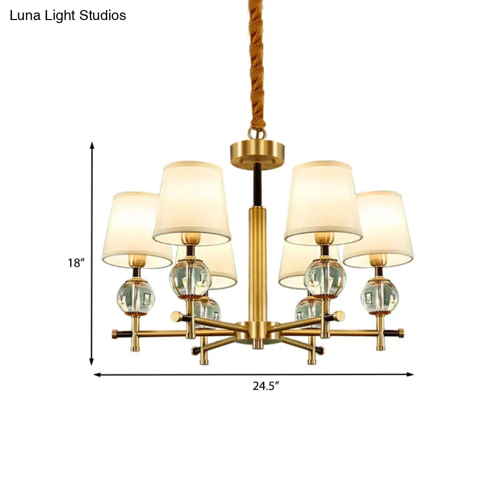 Contemporary 6-Head Conic Fabric Chandelier With Crystal Accent - Brass Ceiling Pendant