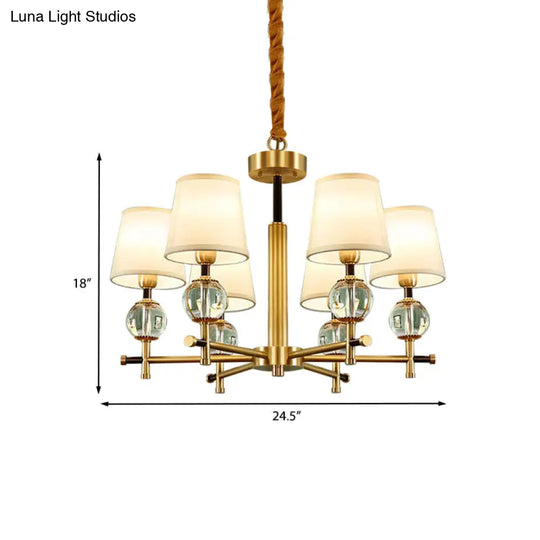 Contemporary 6-Head Conic Fabric Chandelier With Crystal Accent - Brass Ceiling Pendant