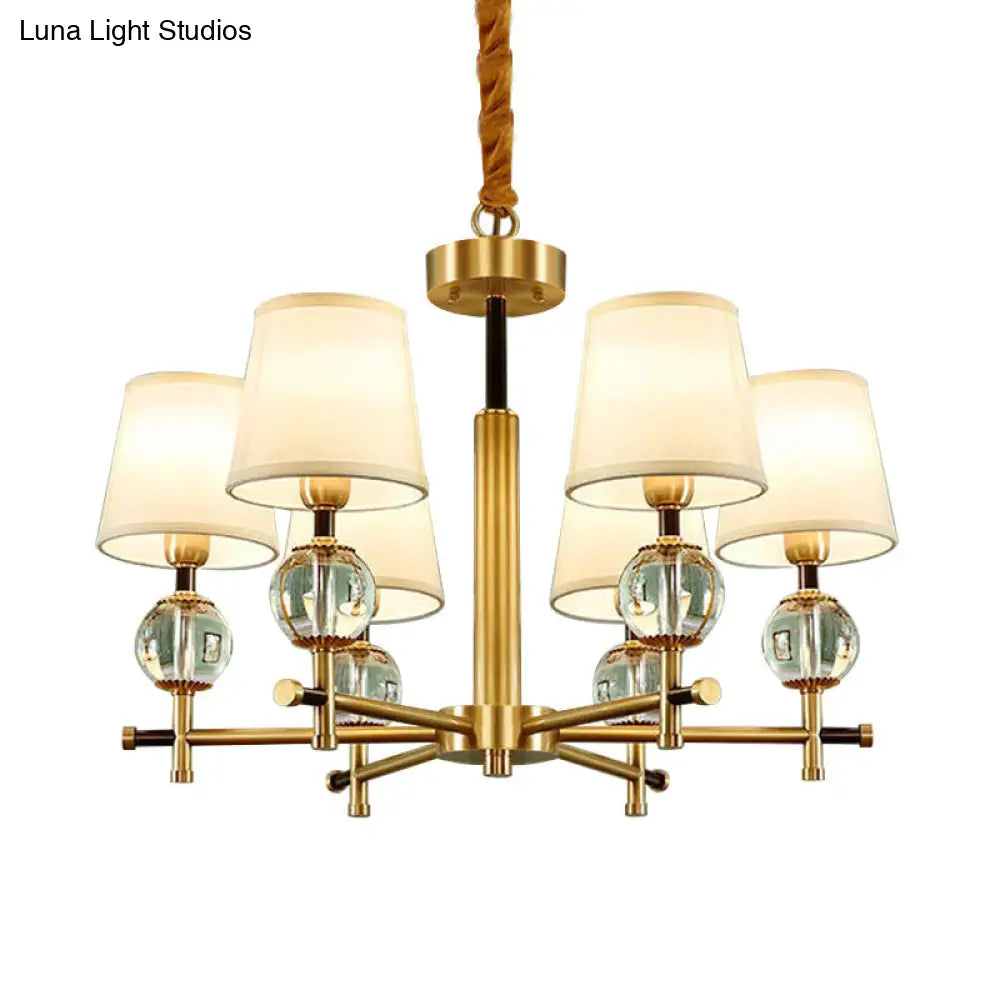 Contemporary 6-Head Conic Fabric Chandelier With Crystal Accent - Brass Ceiling Pendant