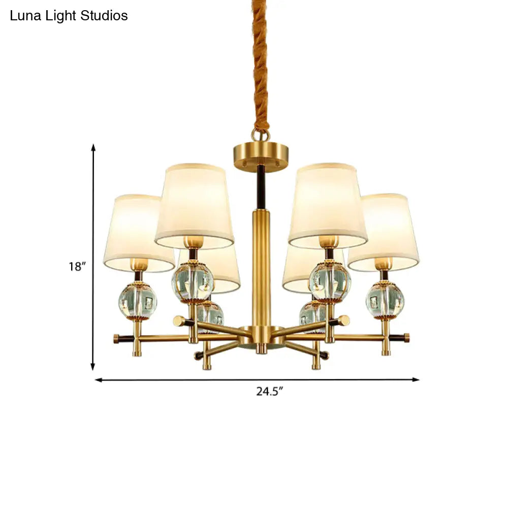 Contemporary 6-Head Conic Chandelier In Brass With Crystal Accents - Bedroom Pendant Lamp