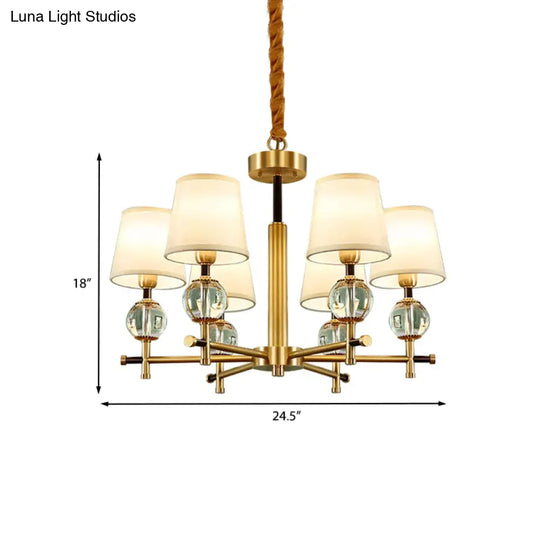 Contemporary 6-Head Conic Chandelier In Brass With Crystal Accents - Bedroom Pendant Lamp