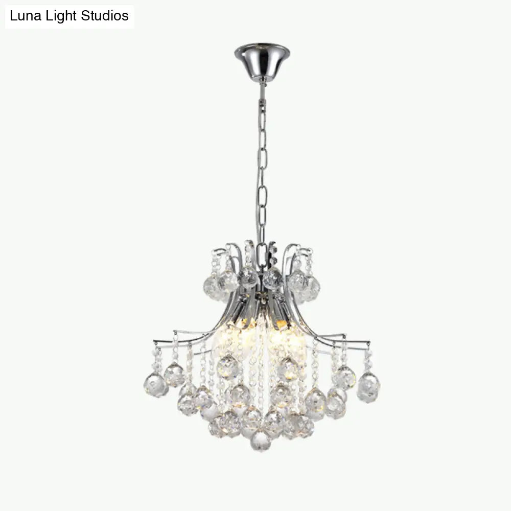 Contemporary 6-Head Pendant Chandelier: Swirled Arm Clear Crystal Orbs In Chrome