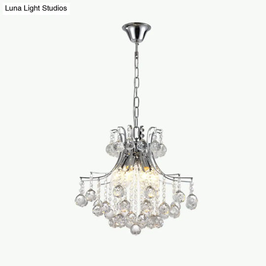 Contemporary 6-Head Pendant Chandelier: Swirled Arm Clear Crystal Orbs In Chrome