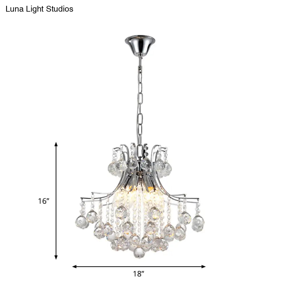 Contemporary 6-Head Pendant Chandelier: Swirled Arm Clear Crystal Orbs In Chrome