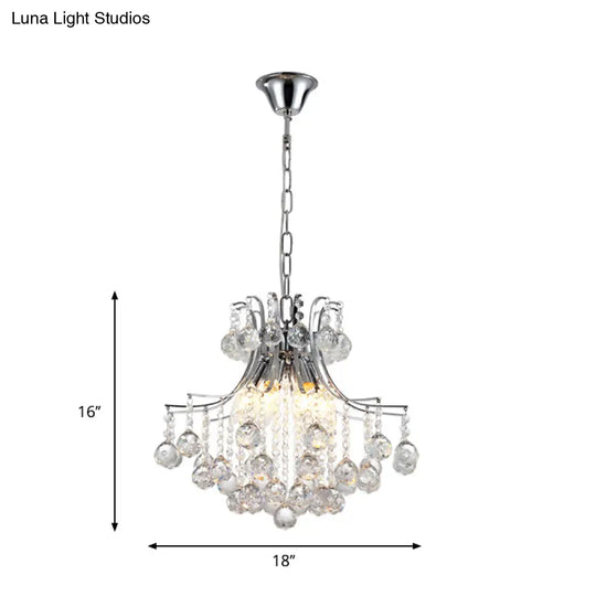 Contemporary 6-Head Pendant Chandelier: Swirled Arm Clear Crystal Orbs In Chrome