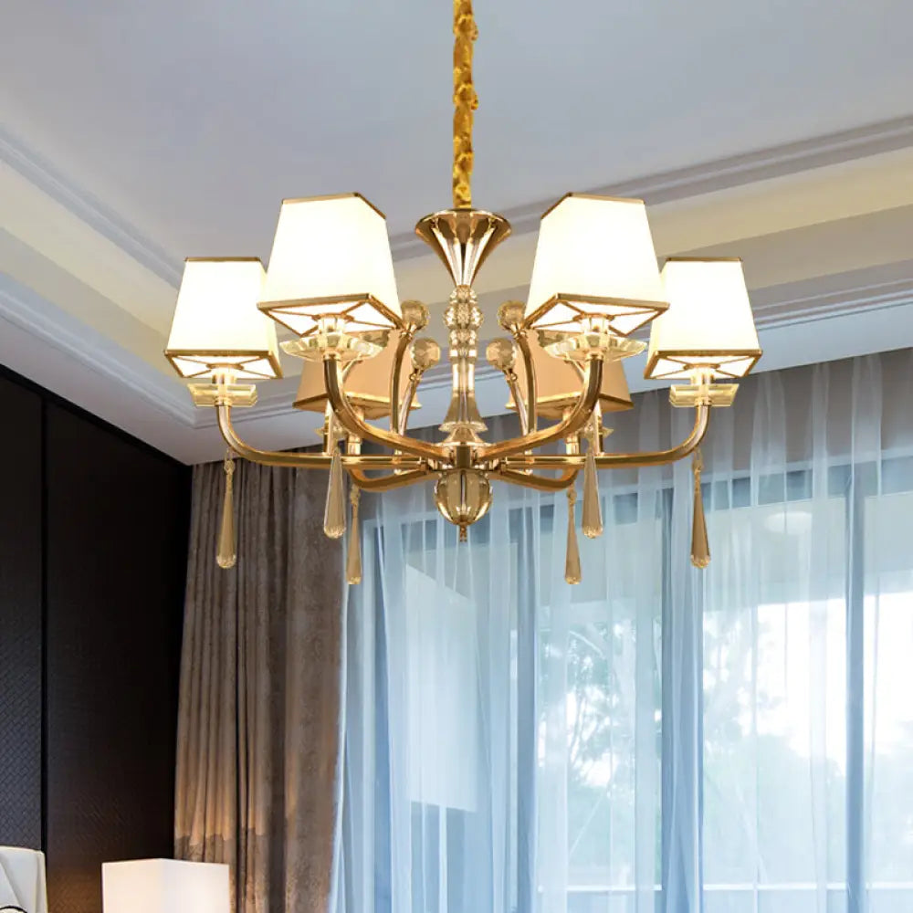 Contemporary 6-Head White Glass Chandelier: Pyramid Crystal Pendant For Bedroom Champagne