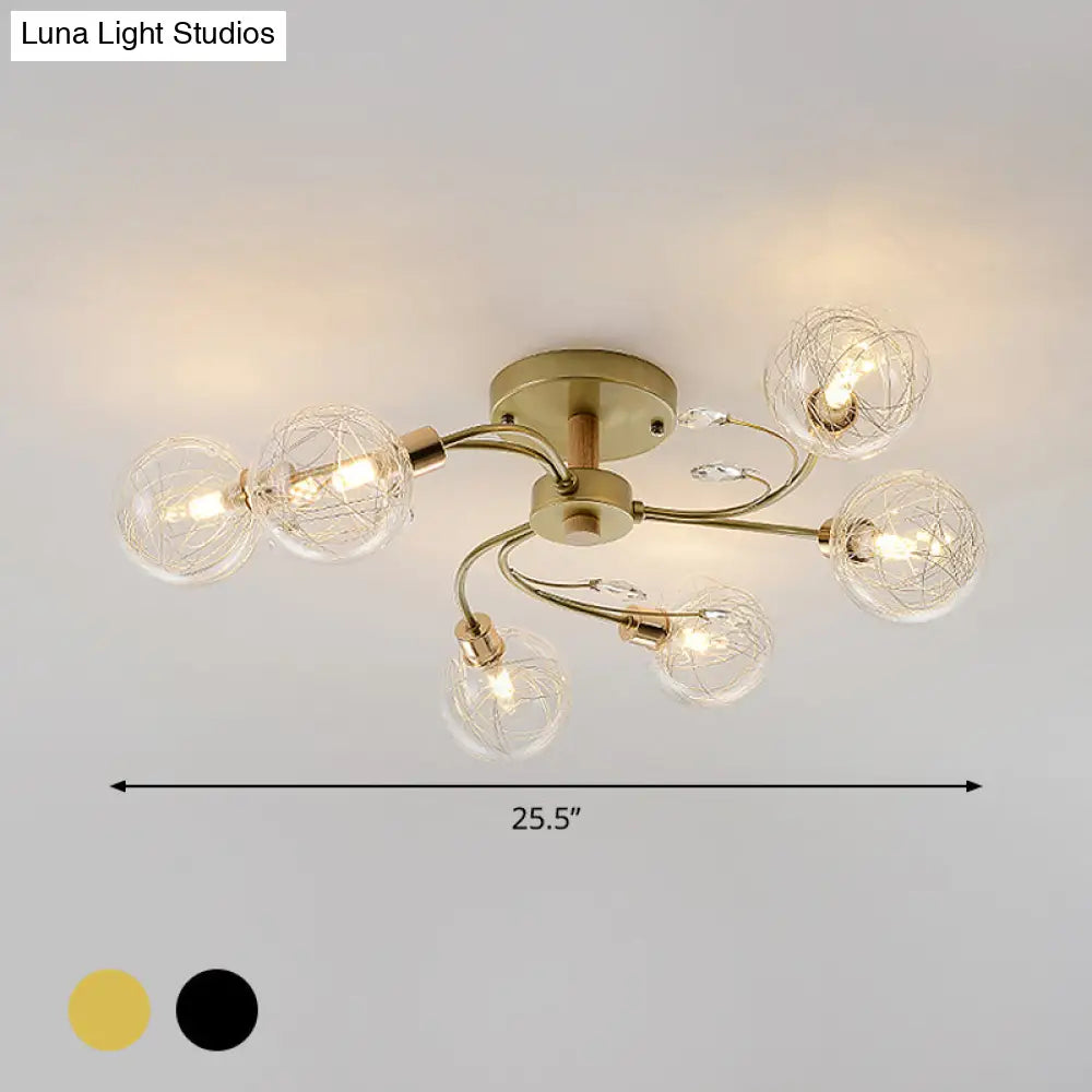 Contemporary 6-Light Clear Glass Ball Semi Flush Lamp In Black/Gold For Close-To-Ceiling Lighting