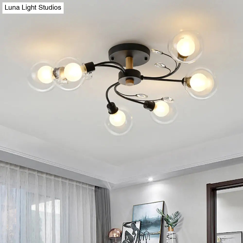 Contemporary 6-Light Clear Glass Ball Semi Flush Lamp In Black/Gold For Close-To-Ceiling Lighting