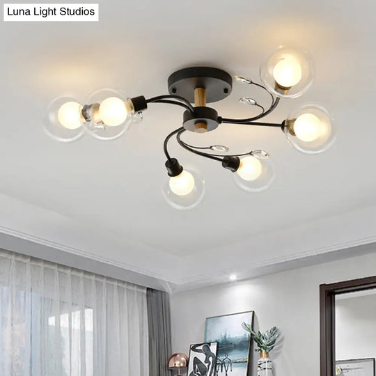 Contemporary 6-Light Clear Glass Ball Semi Flush Lamp In Black/Gold For Close-To-Ceiling Lighting