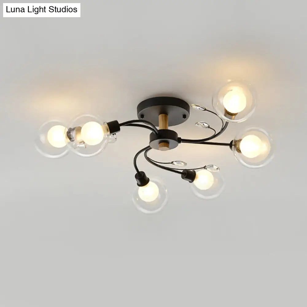 Contemporary 6-Light Clear Glass Ball Semi Flush Lamp In Black/Gold For Close-To-Ceiling Lighting