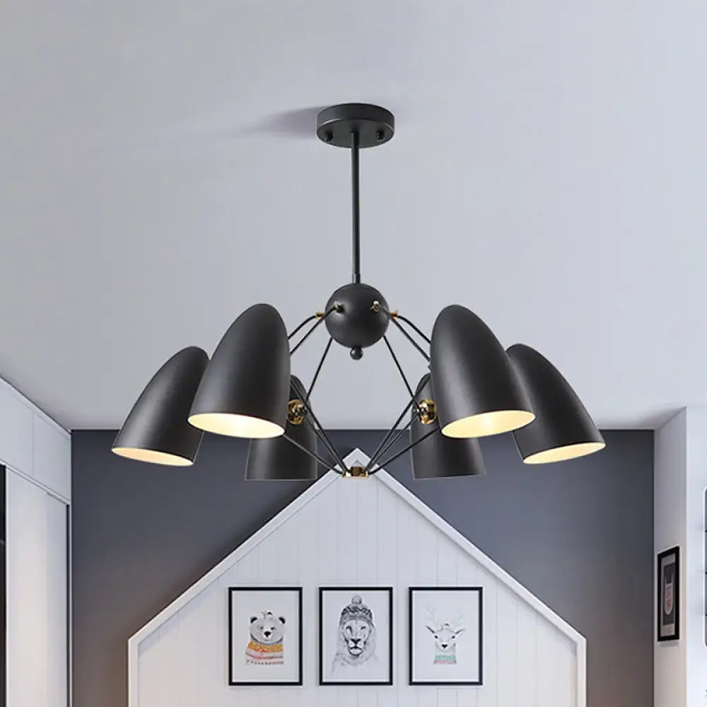 Contemporary 6-Light Downward Metal Shade Chandelier In White/Black Finish - Bullet Ceiling Fixture