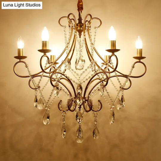 Contemporary Metal Candlestick Chandelier With Crystal Accent - 6-Light Gold Ceiling Pendant Lamp