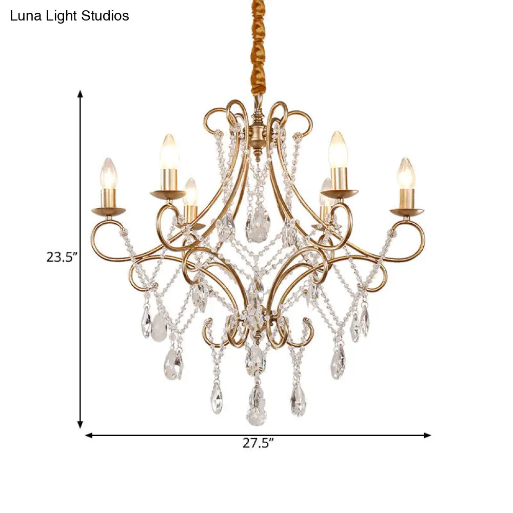 Contemporary Metal Candlestick Chandelier With Crystal Accent - 6-Light Gold Ceiling Pendant Lamp