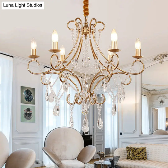 Contemporary Metal Candlestick Chandelier With Crystal Accent - 6-Light Gold Ceiling Pendant Lamp