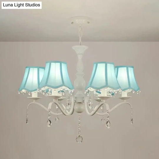 Contemporary 6-Light Scalloped Fabric Pendant Chandelier In Pink/Blue With Crystal Droplet