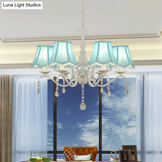 Contemporary 6-Light Scalloped Fabric Pendant Chandelier In Pink/Blue With Crystal Droplet