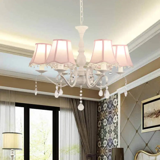 Contemporary 6-Light Pink/Blue Scalloped Fabric Pendant Chandelier With Crystal Droplet Pink