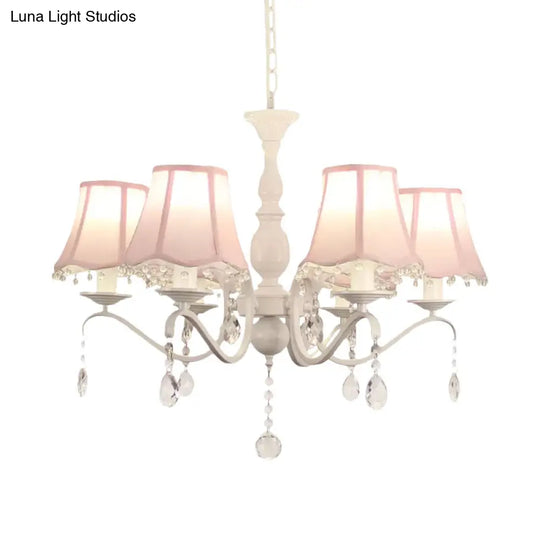 Contemporary 6-Light Scalloped Fabric Pendant Chandelier In Pink/Blue With Crystal Droplet