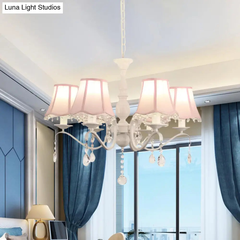 Contemporary 6-Light Scalloped Fabric Pendant Chandelier In Pink/Blue With Crystal Droplet