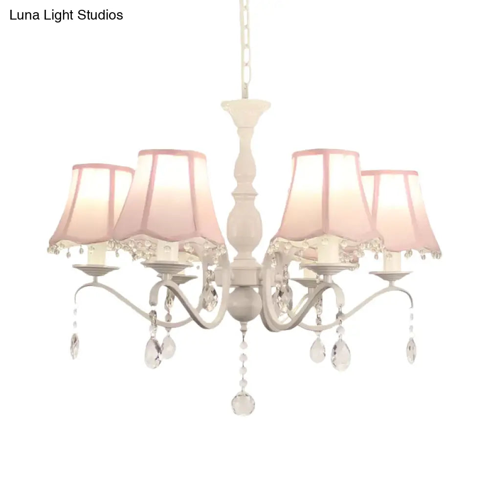 Contemporary 6-Light Pink/Blue Scalloped Fabric Pendant Chandelier With Crystal Droplet