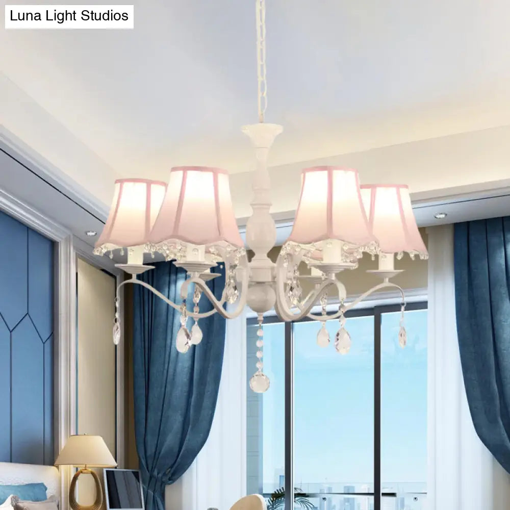 Contemporary 6-Light Pink/Blue Scalloped Fabric Pendant Chandelier With Crystal Droplet