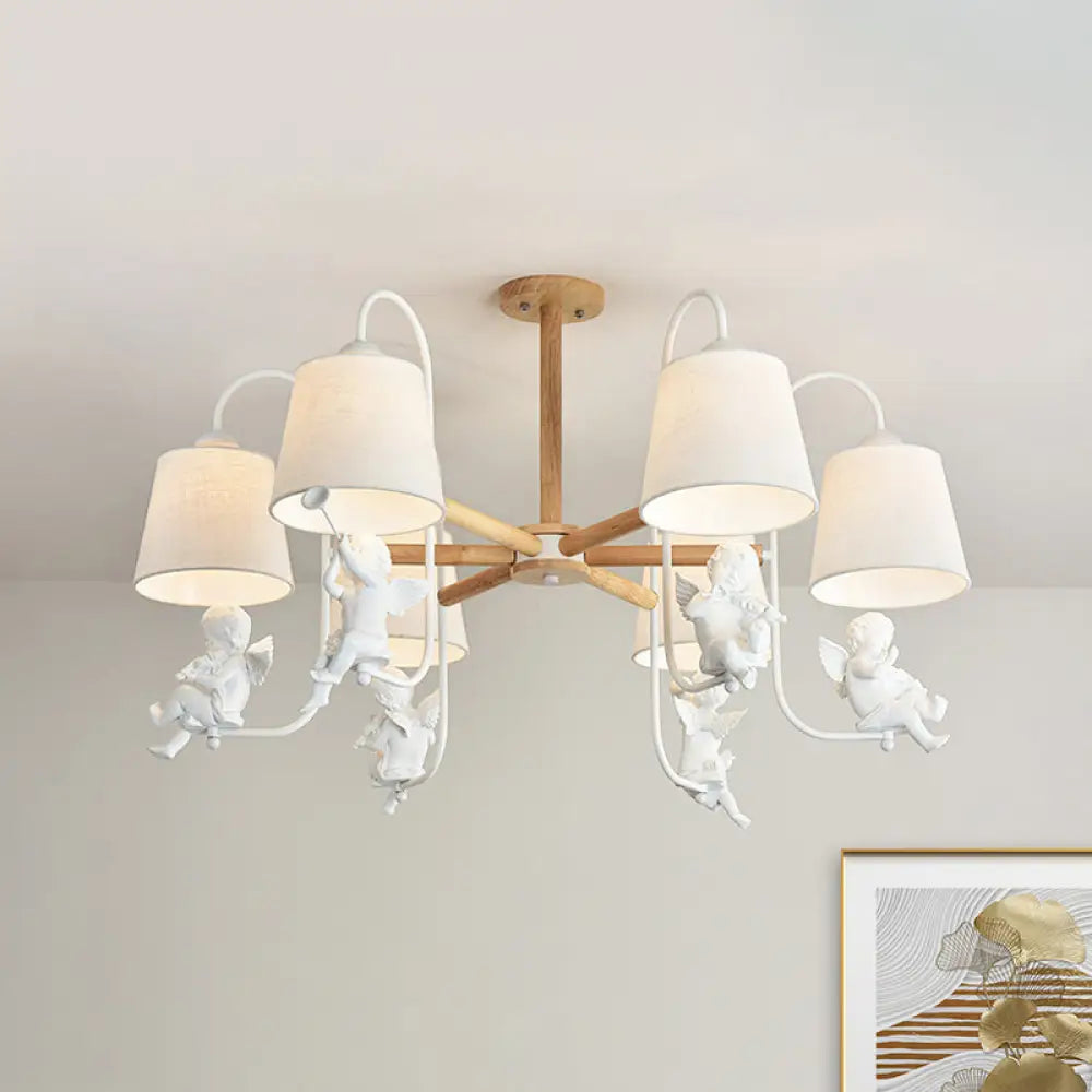 Contemporary 6-Light White Barrel Chandelier With Angel Fabric Suspension