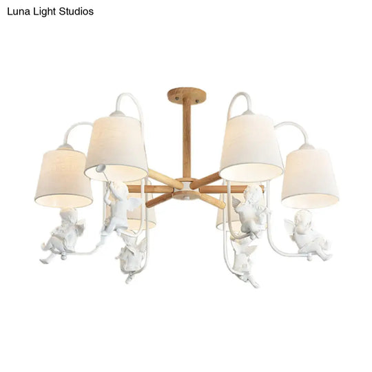 Contemporary White Barrel Chandelier Lamp - 6-Head Fabric Suspension Light With Angel Decoration