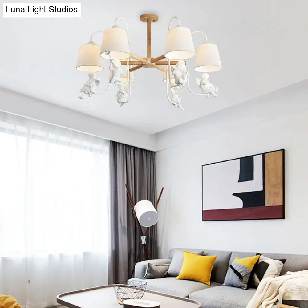 Contemporary 6-Light White Barrel Chandelier With Angel Fabric Suspension