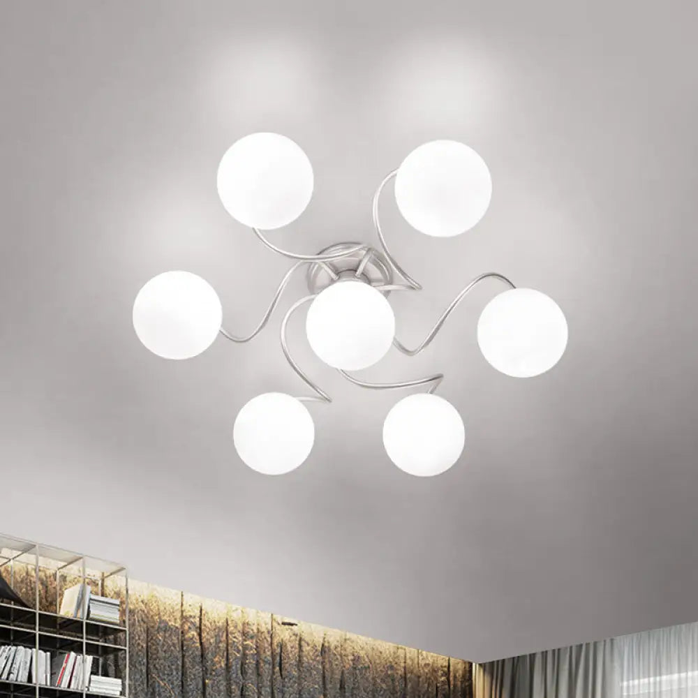 Contemporary 7-Light Semi Flush Lamp With Frosted White Glass Shade - Silver Modo Ceiling Fixture