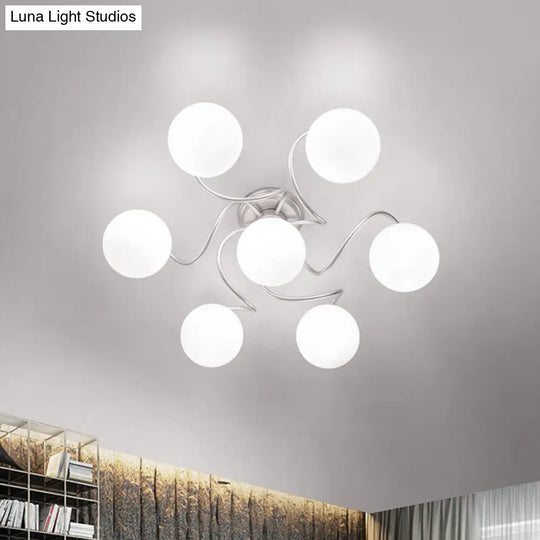 Contemporary 7-Light Semi Flush Lamp With Frosted White Glass Shade - Silver Modo Ceiling Fixture