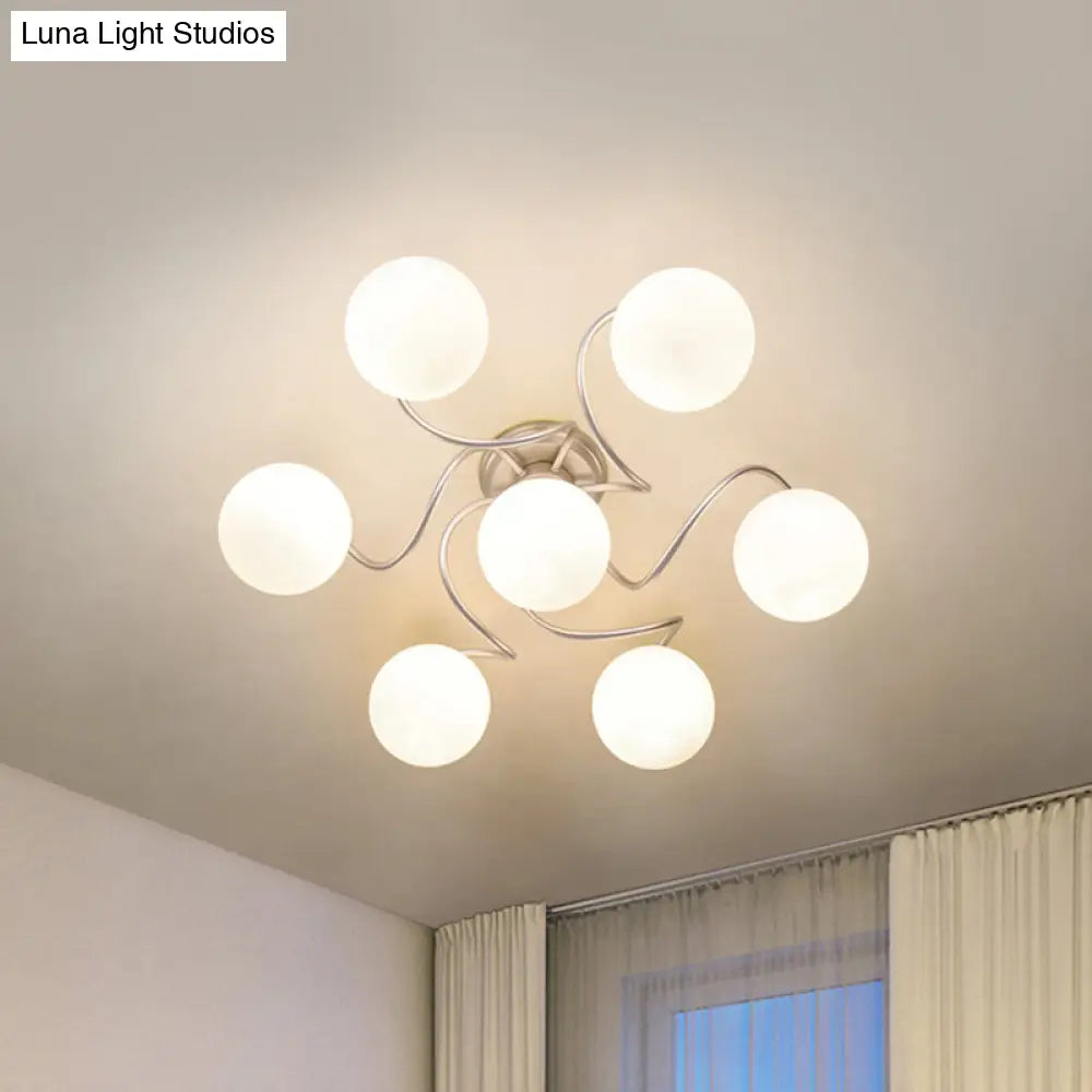 Contemporary 7-Light Semi Flush Lamp With Frosted White Glass Shade - Silver Modo Ceiling Fixture