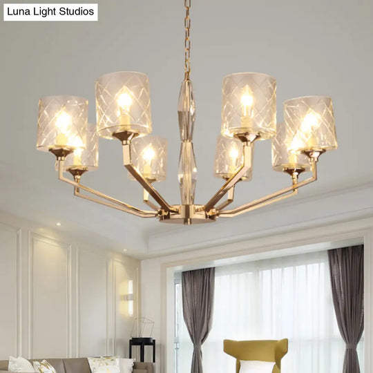 Contemporary 8-Bulb Gold Chandelier With Lattice Glass Shades