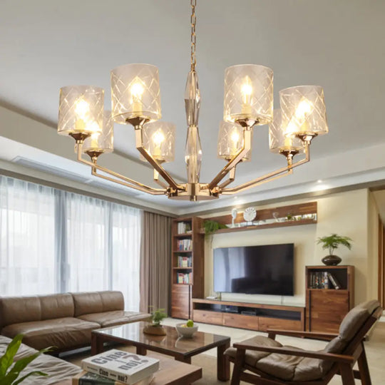 Contemporary 8-Bulb Gold Chandelier With Lattice Glass Shades