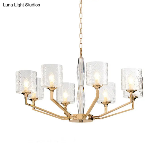 Contemporary 8-Bulb Gold Chandelier With Lattice Glass Shades