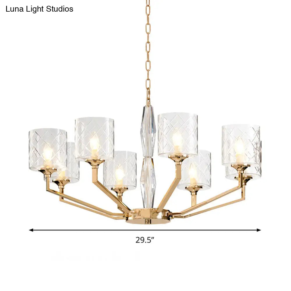 Contemporary 8-Bulb Gold Chandelier With Lattice Glass Shades