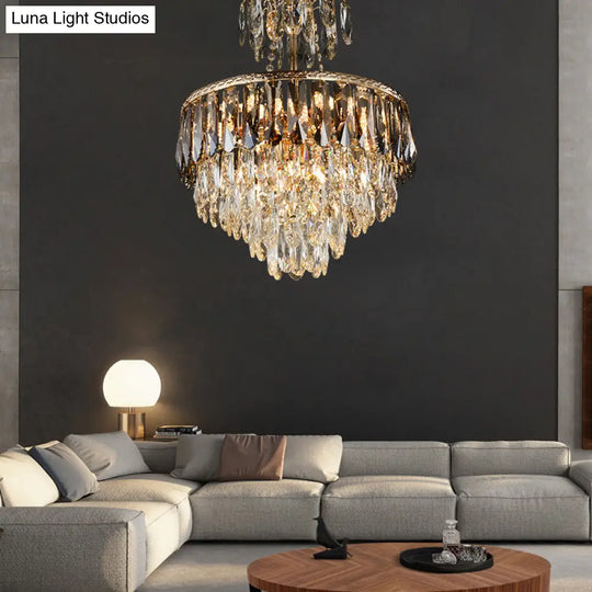 Contemporary 8-Head Crystal Tiered Chandelier - Gold Ceiling Pendant Light For Living Room